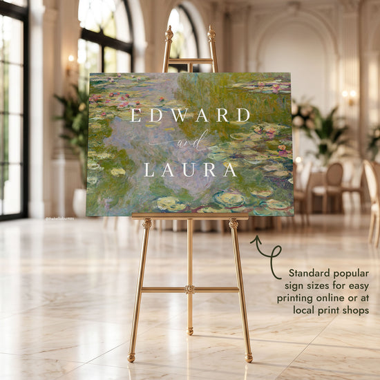 Impressionist welcome sign featuring Monet's Water Lilies painting, set on an ornate gold easel in a grand arched reception hall.