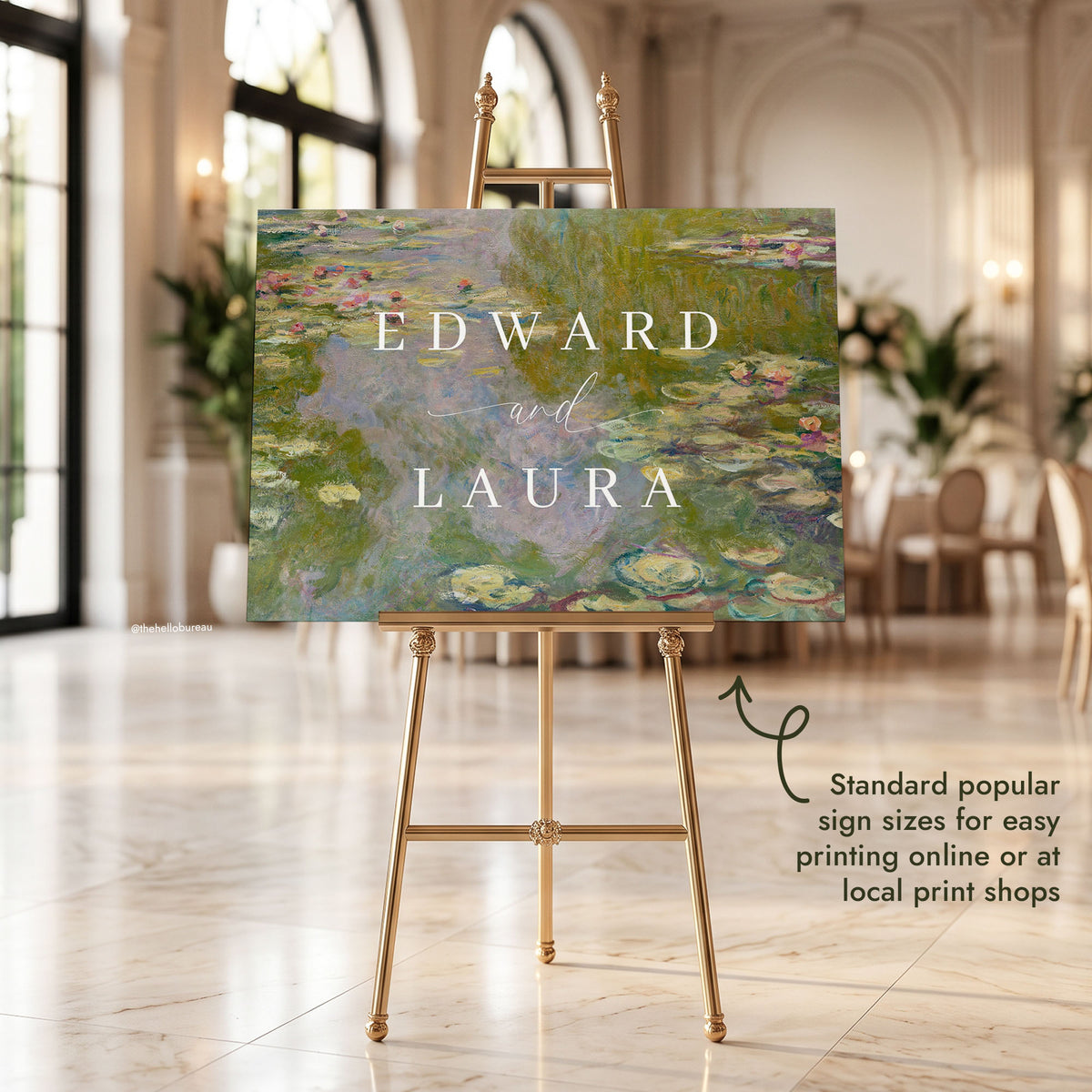 Impressionist welcome sign featuring Monet's Water Lilies painting, set on an ornate gold easel in a grand arched reception hall.