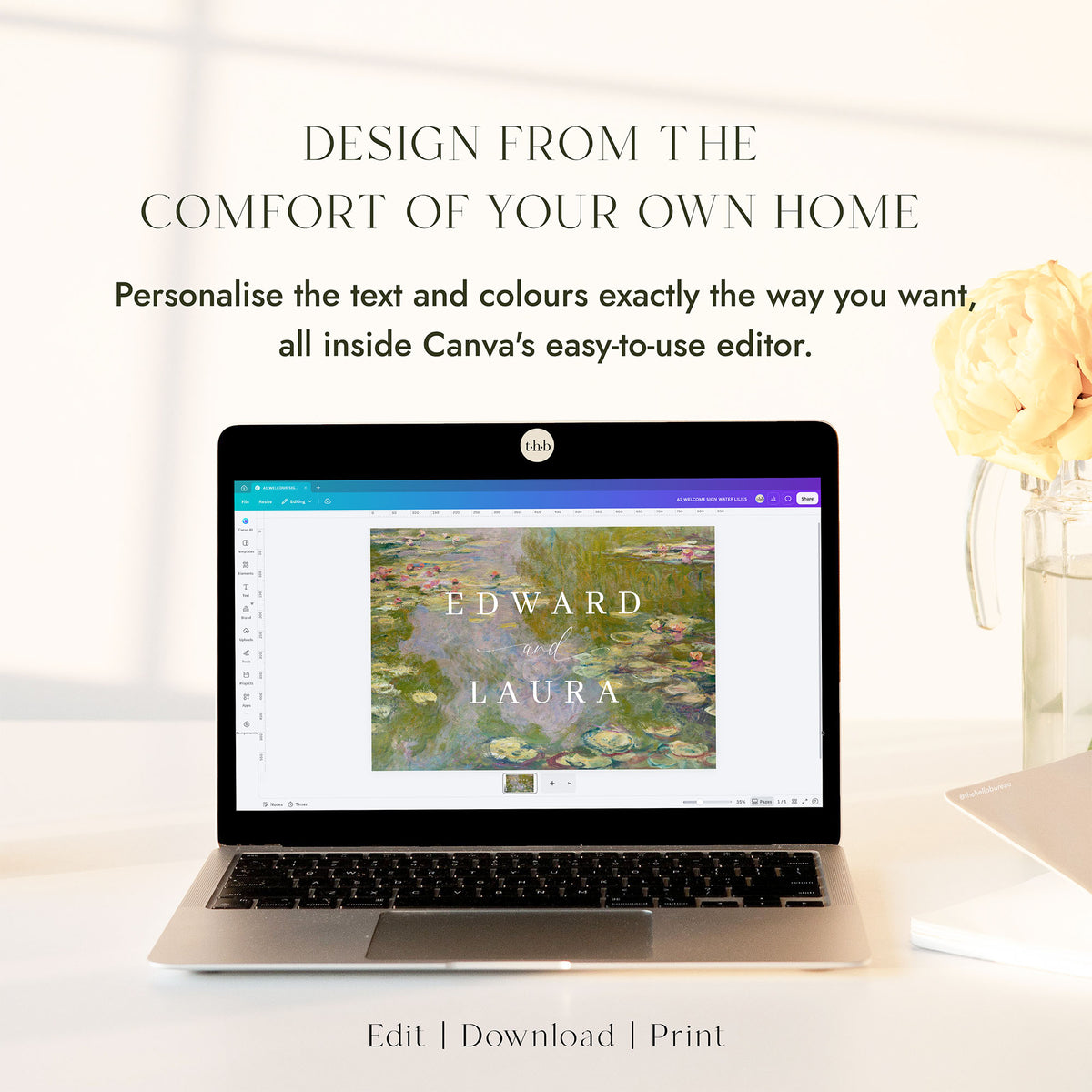 Laptop displaying the Monet water lilies welcome sign template open in Canva, ready to edit, beside soft yellow roses.
