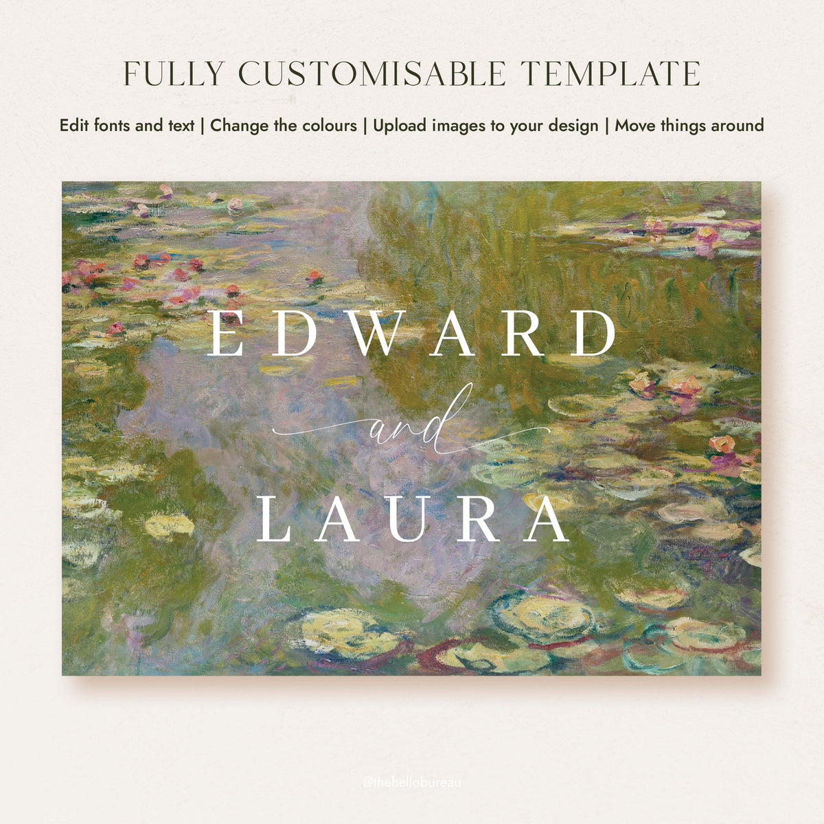 Flat view of the editable Monet welcome sign template, with white names over a soft green and lilac water lily painting.
