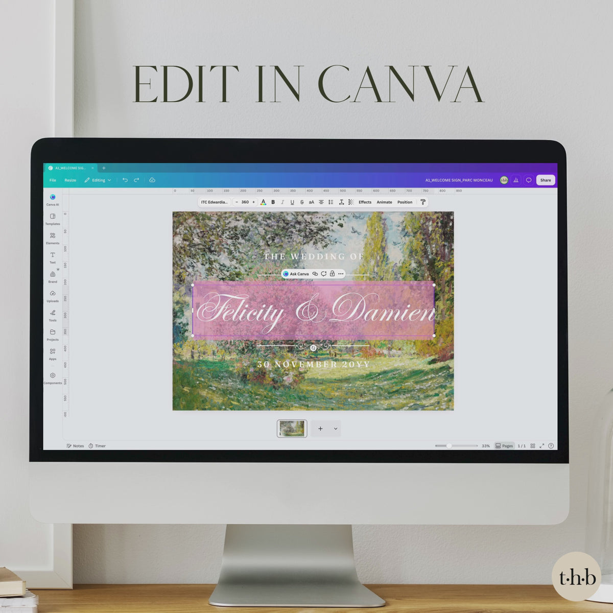 Screen recording of the Monet Parc Monceau welcome sign template in Canva, showing the couple's names being typed and edited over the garden painting.
