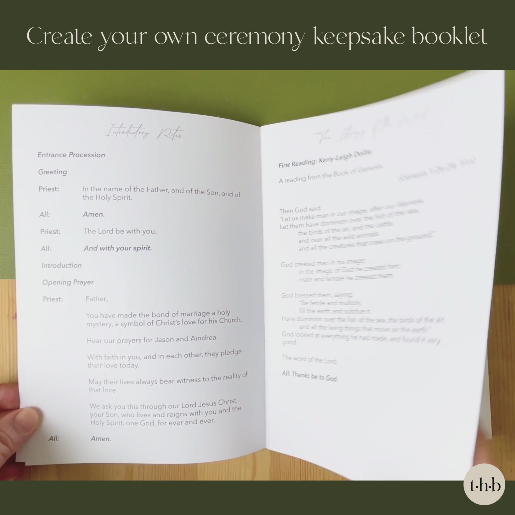 16-page Catholic wedding program template with full script shown printed out and flicked through in booklet form.