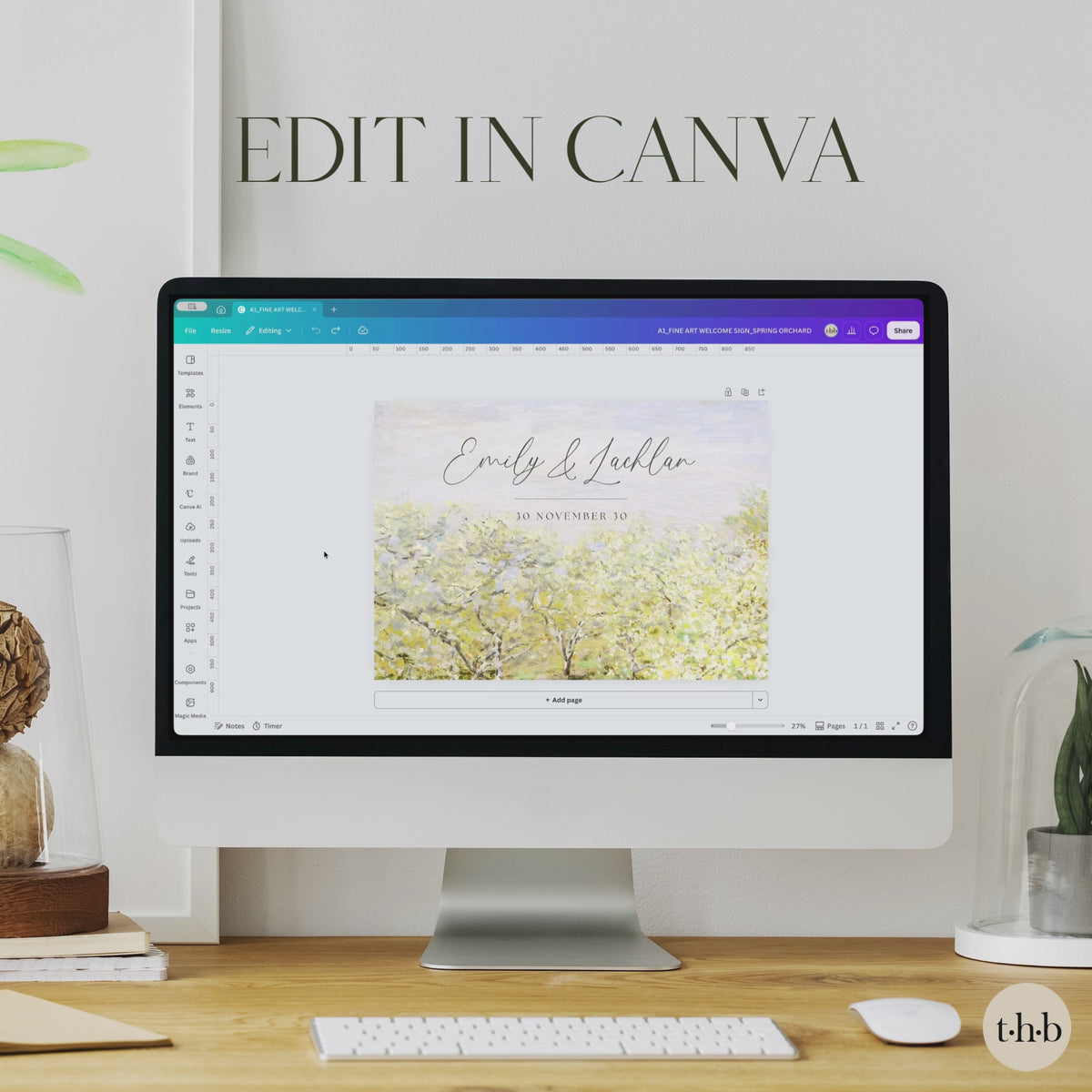 Screen recording of the Monet welcome sign template in Canva, showing the couple's names being typed and edited over the painting.