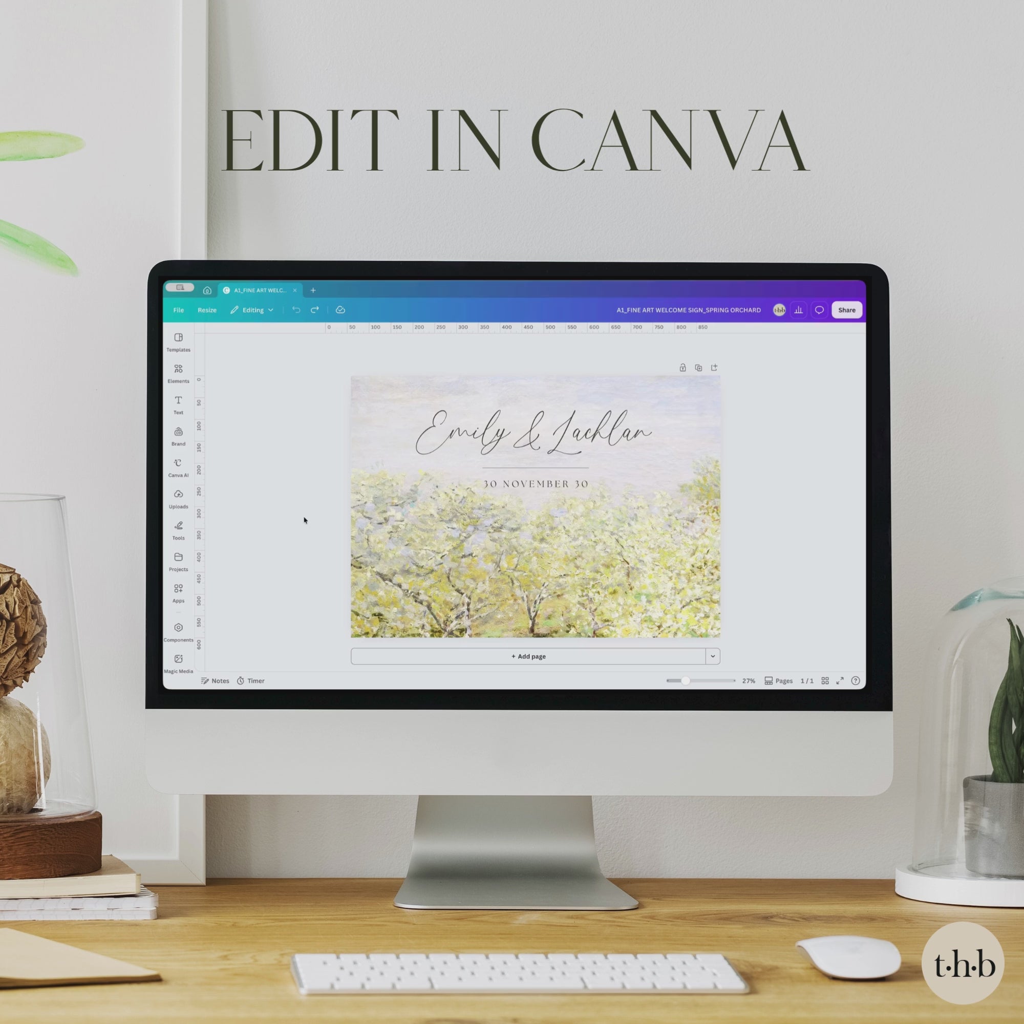 Screen recording of the Monet welcome sign template in Canva, showing the couple's names being typed and edited over the painting.