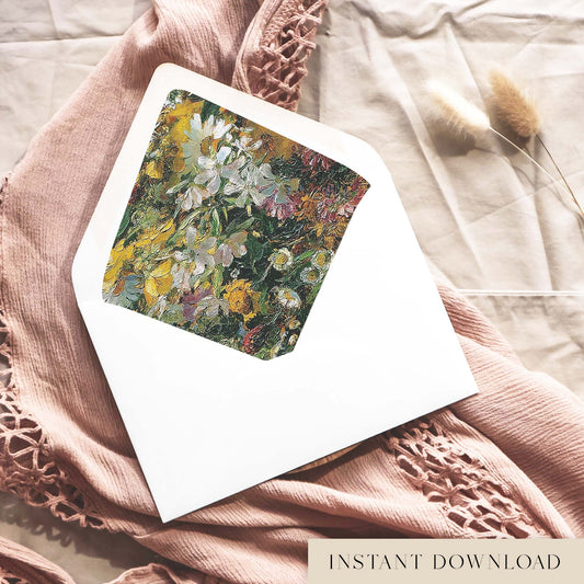 Printable fine art floral envelope liner for 5x7 wedding invitations, with a painted yellow, white and green wildflower design, shown inside a white envelope on dusty pink fabric.