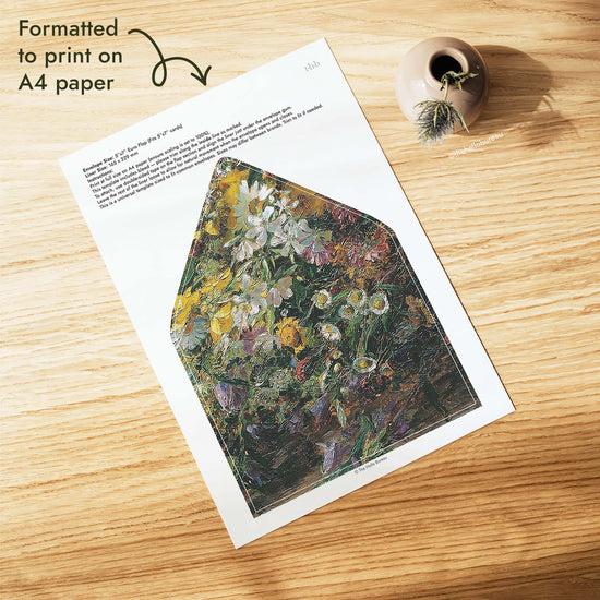 Fine art wedding envelope liner PDF formatted to print on A4 paper, with a hand-painted floral design in yellow, white, purple and green and trim lines for a 5x7 euro flap envelope.