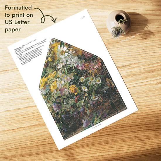 DIY floral envelope liner PDF formatted for US Letter paper, sized for an A7 euro flap envelope that fits 5x7 wedding invitations, painted in yellow, white, lilac and green.