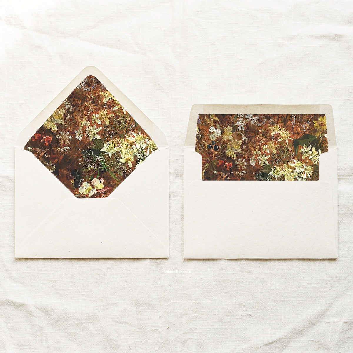 DIY vintage botanical envelope liners in a euro flap and a straight flap, painted in burnt orange, brown and cream with blackberries, for 5x7 autumn wedding invitations.