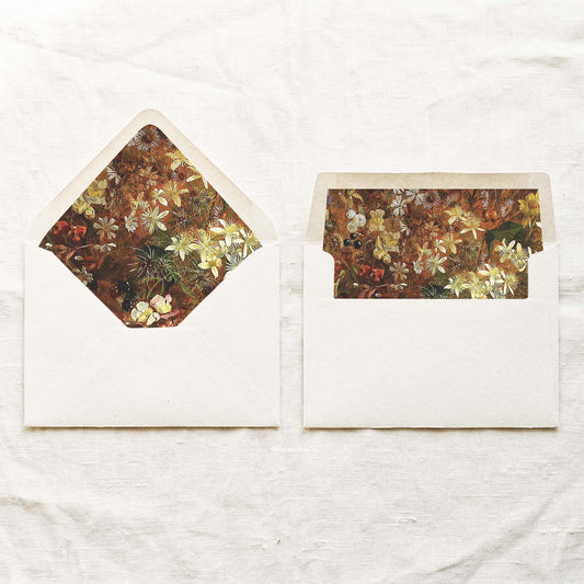 DIY vintage botanical envelope liners in a euro flap and a straight flap, painted in burnt orange, brown and cream with blackberries, for 5x7 autumn wedding invitations.