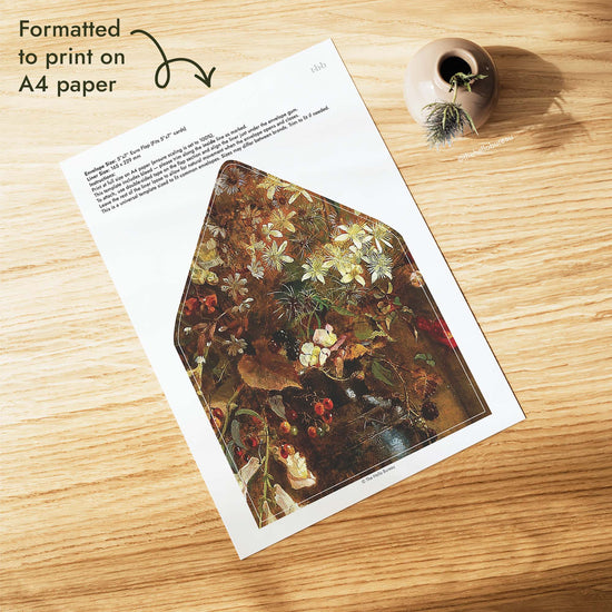 Fine art wedding envelope liner PDF formatted to print on A4 paper, with a moody Indian Summer painting of cream wildflowers, red berries and brown tones, plus trim lines for a 5x7 euro flap envelope.
